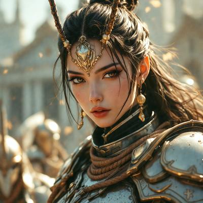 The primary subject of the image is a woman with long hair, wearing a costume and a crown. She is the main focus of the scene. The setting is a fantasy world, with the woman standing in front of a castle. The visual style is a combination of photo and digital art, creating a unique and intricate image. The colors are predominantly gold and brown, giving the scene a warm and regal atmosphere.